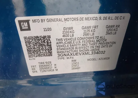 2021 Chevrolet Equinox Awd Lt из США, поврежденный, VIN 3GNAXUEVXML334032